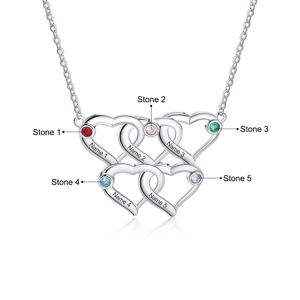 Collier Coeur 5 Prénoms Personnalisés Pendentif avec 5 Pierre de Naissance｜Jessemade
