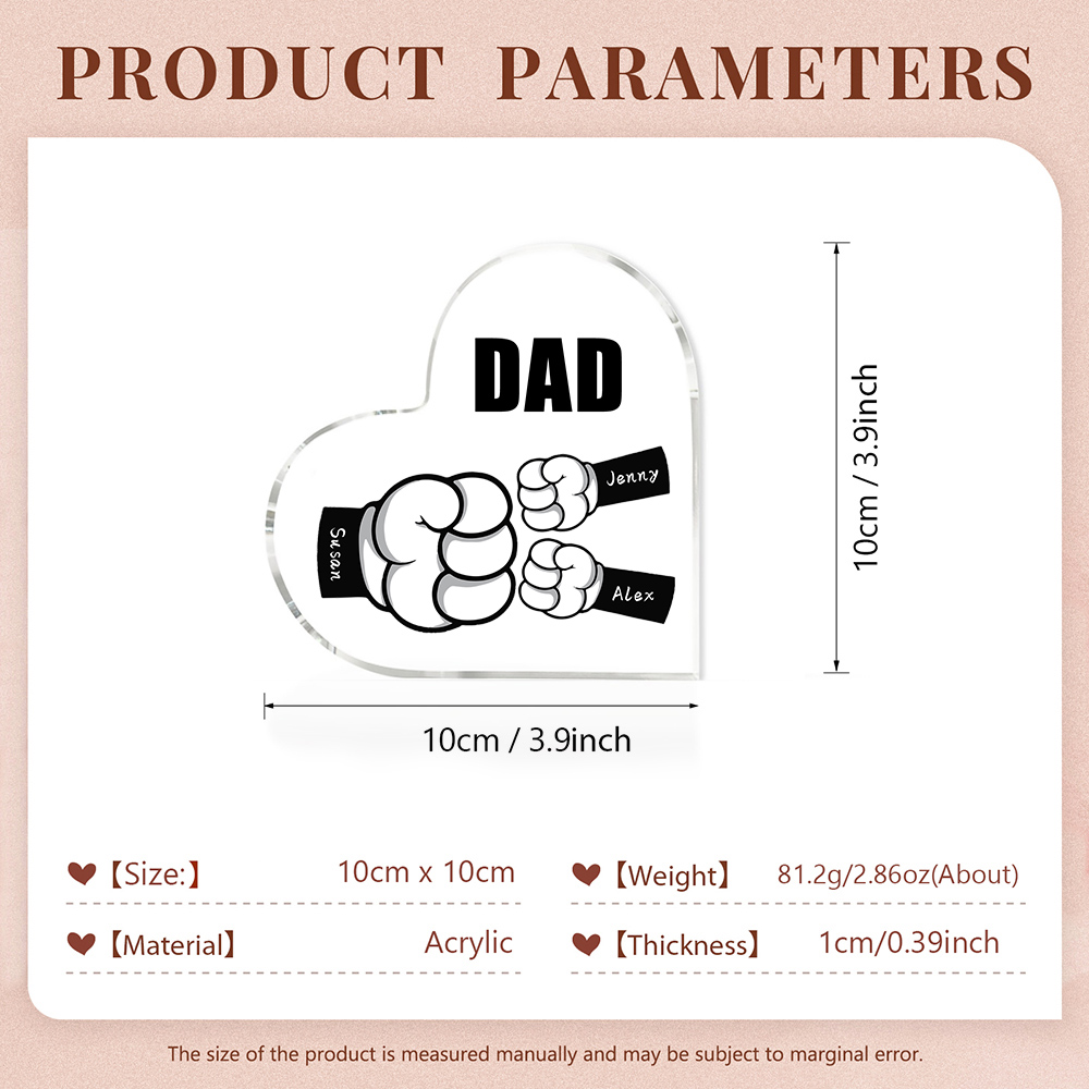 À mon Papa/Maman - Plaque Acrylique en Forme de Cœur Poings 3 Prénoms Personnalisés avec 1 Texte
