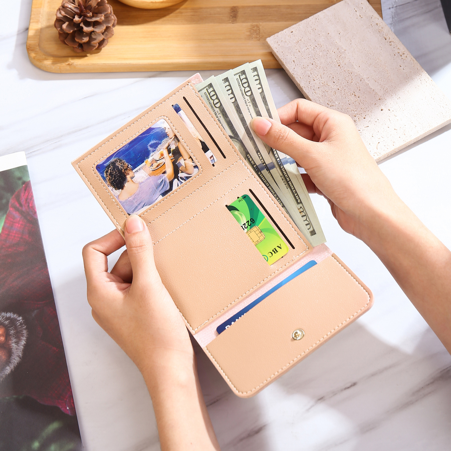 Portefeuille Femme Prénom et Texte Personnalisés avec Fleurs de naissance Porte-Monnaie Carte