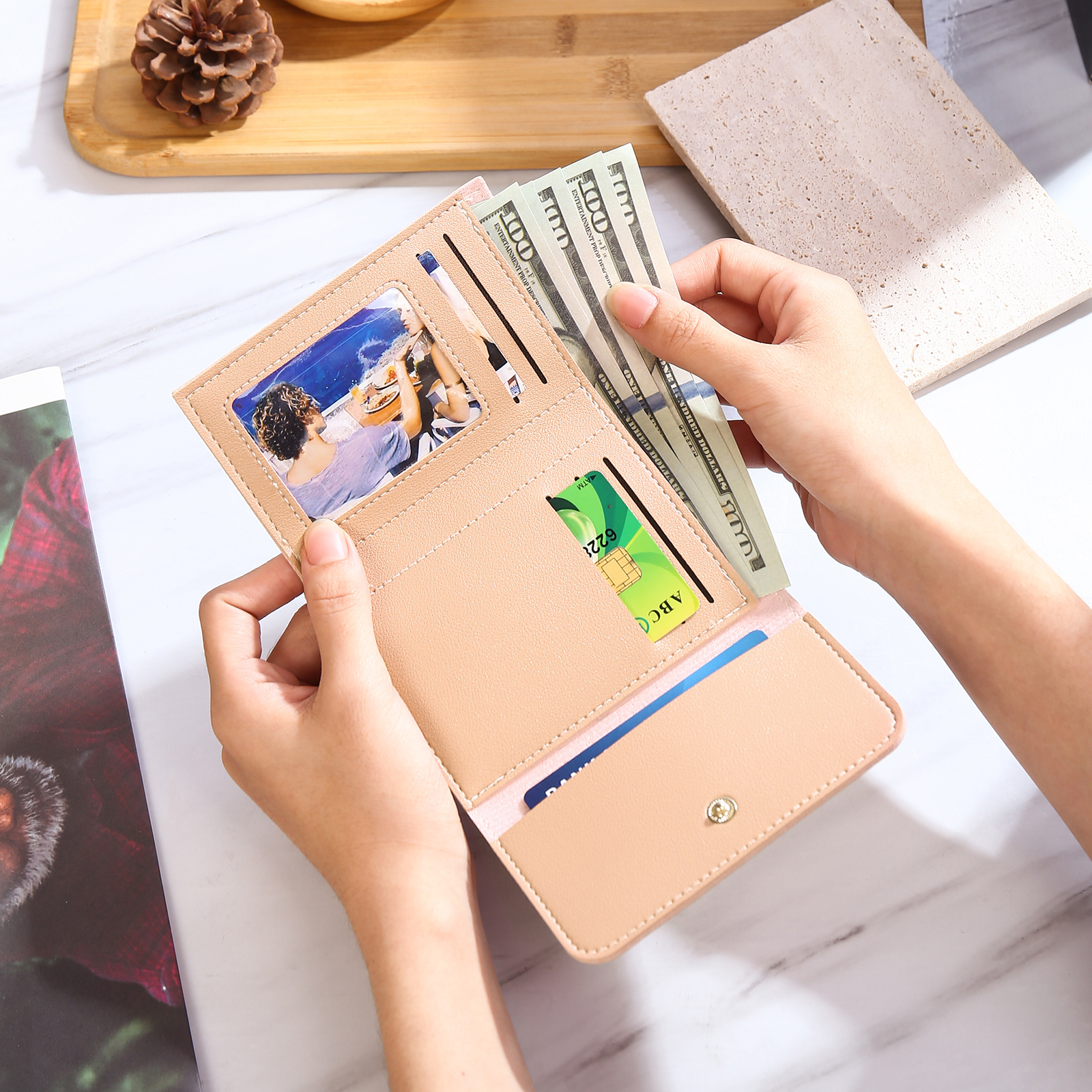 Portefeuille Femme Prénom et Texte Personnalisés avec Fleurs de naissance Porte-Monnaie Carte