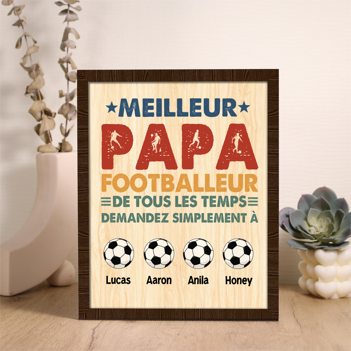 À Mon Papa-Cadre en Bois Football 4 Prénoms Personnalisés