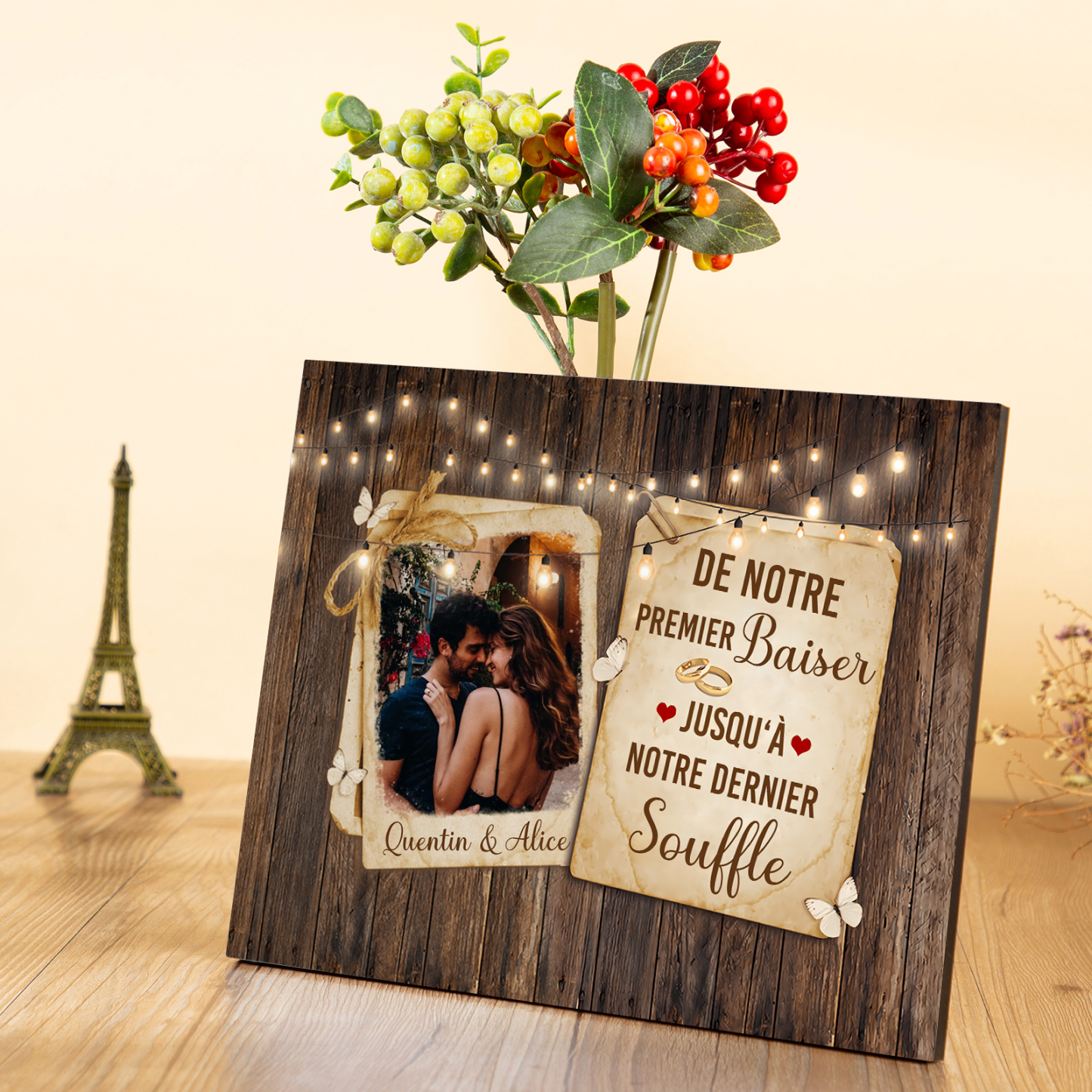 Cadre en Bois 2 Prénoms Personnalisés avec Photo pour Couple Cadeau Saint Valentin