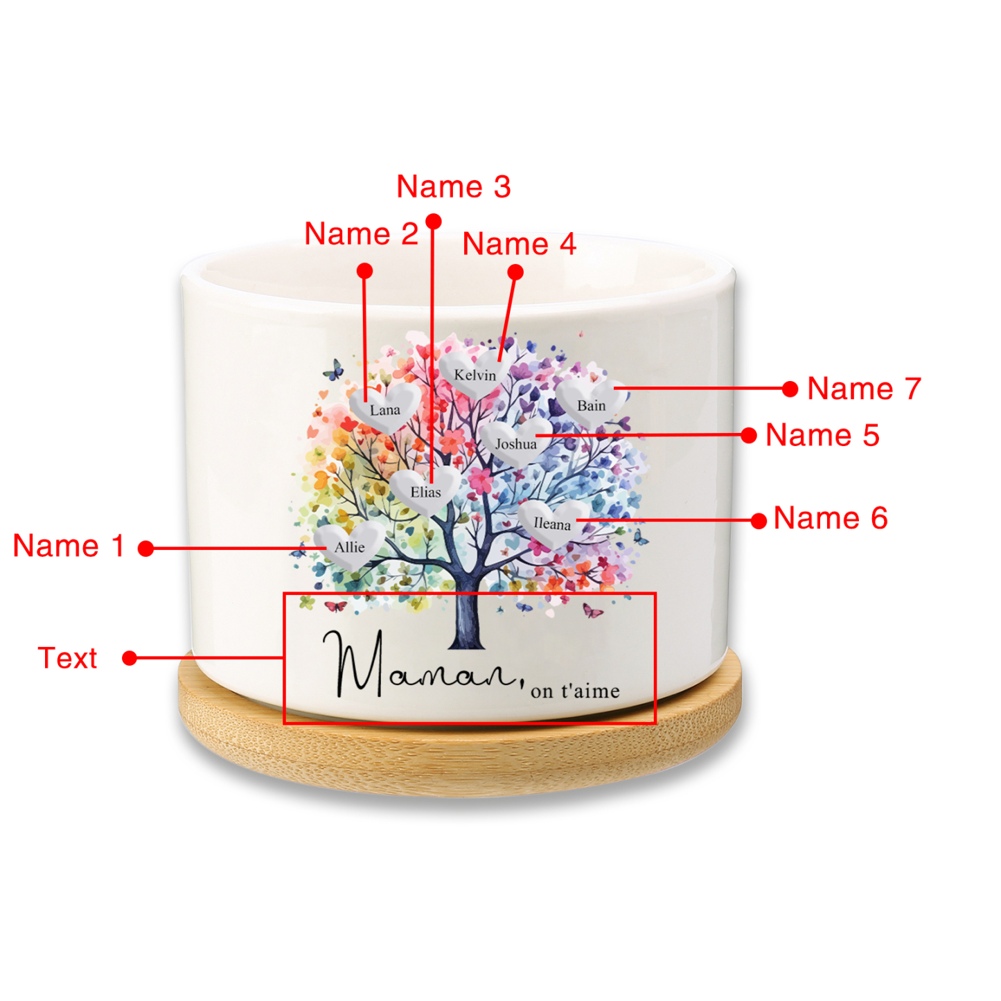 Vase/Pot de Fleurs Arbre 7 Prénoms Personnalisés avec Texte Décoration de la Maison (sans plantes)