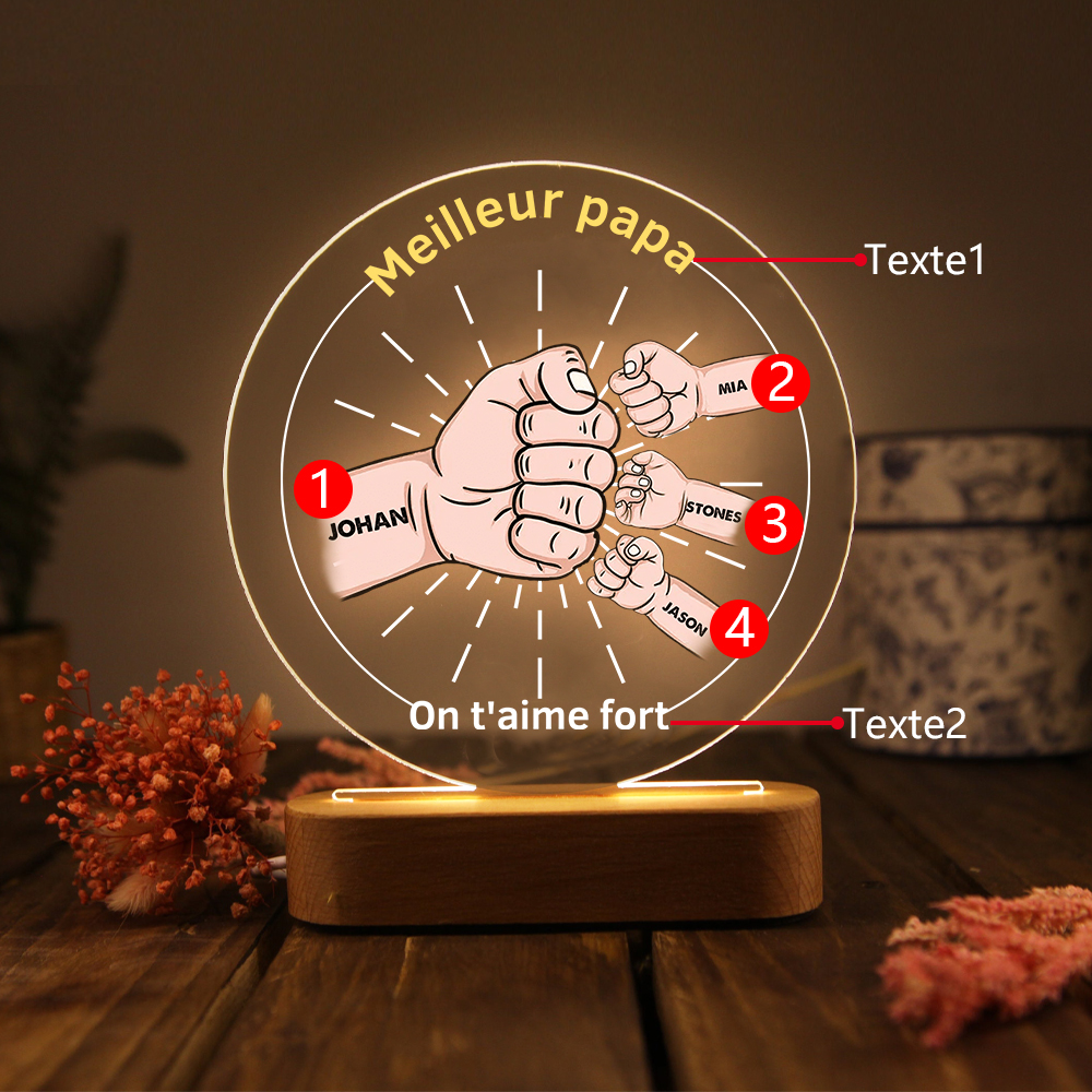À Papa/Papi - Lampe de chevet LED Lumières Poings 4 Prénoms et 2 Textes Personnalisés pour Famille