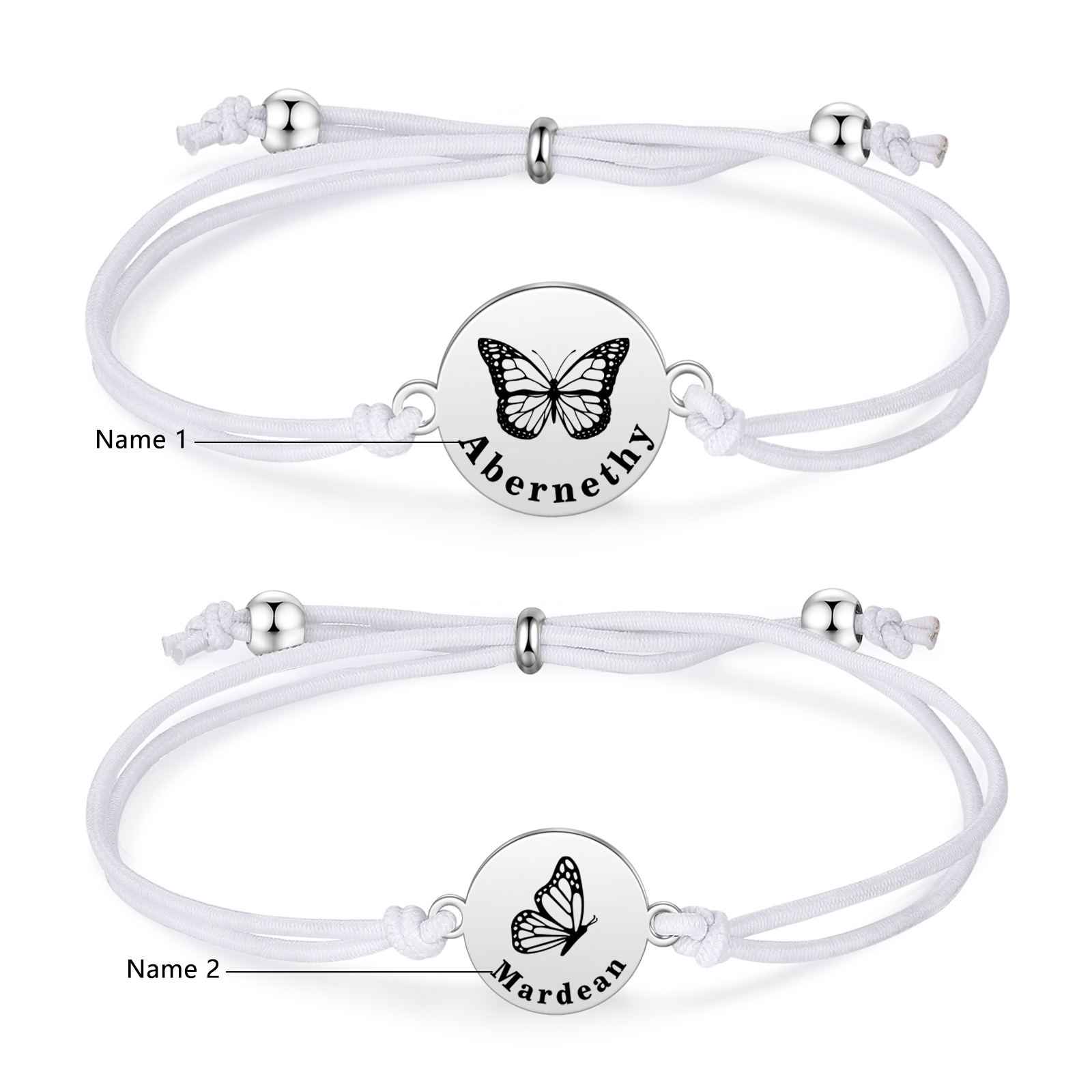 2PCS Ensemble de Bracelets Papillons 2 Prénoms Personnalisés Corde élastiques - Cadeau Rentrée Scolaire Premier jour d’école