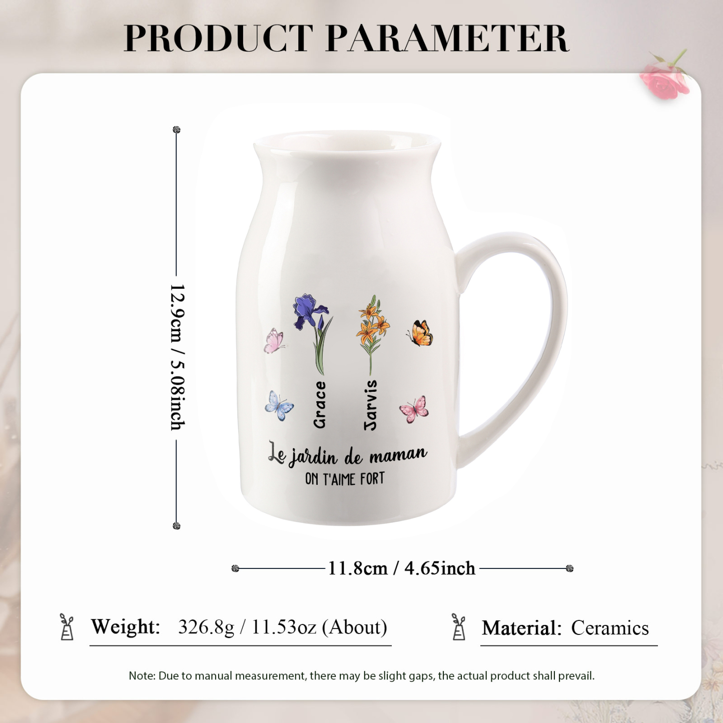 Vase à Fleurs Papillon 2 Prénoms et Fleurs de Naissance Personnalisés avec 2 Textes Décoration de la Maison | Jessemade