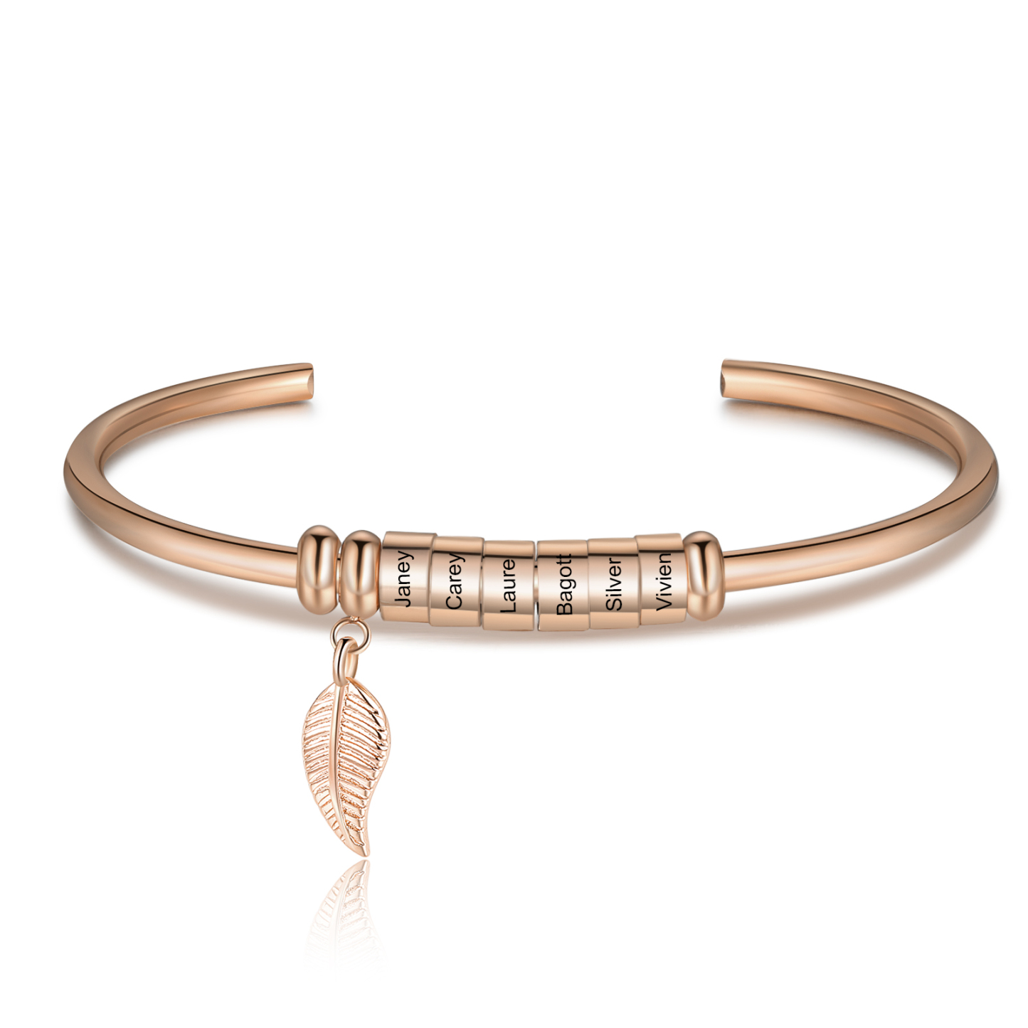 Bracelet jonc breloque feuille 6 prénom personnalisé