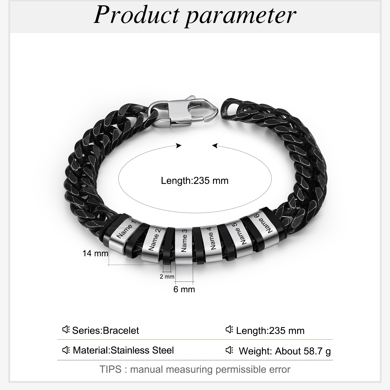 Bracelet Gourmette en acier inoxydable 6 Prénom Personnalisé Bracelet Homme