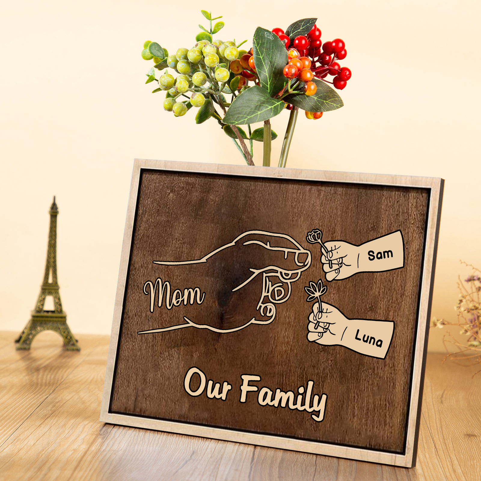 À Maman/Mamie - Cadre en Bois Main et Enfants 3 Prénoms Personnalisés avec Texte Cadeau pour Famille
