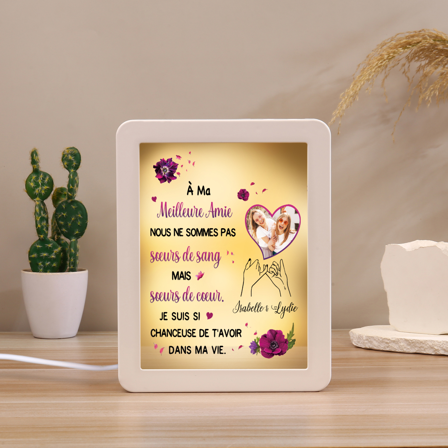 À ma Meilleure Amie - Cadre Photo/Miroir LED multifonctionnel 2 Prénoms Personnalisés avec 1 Photo