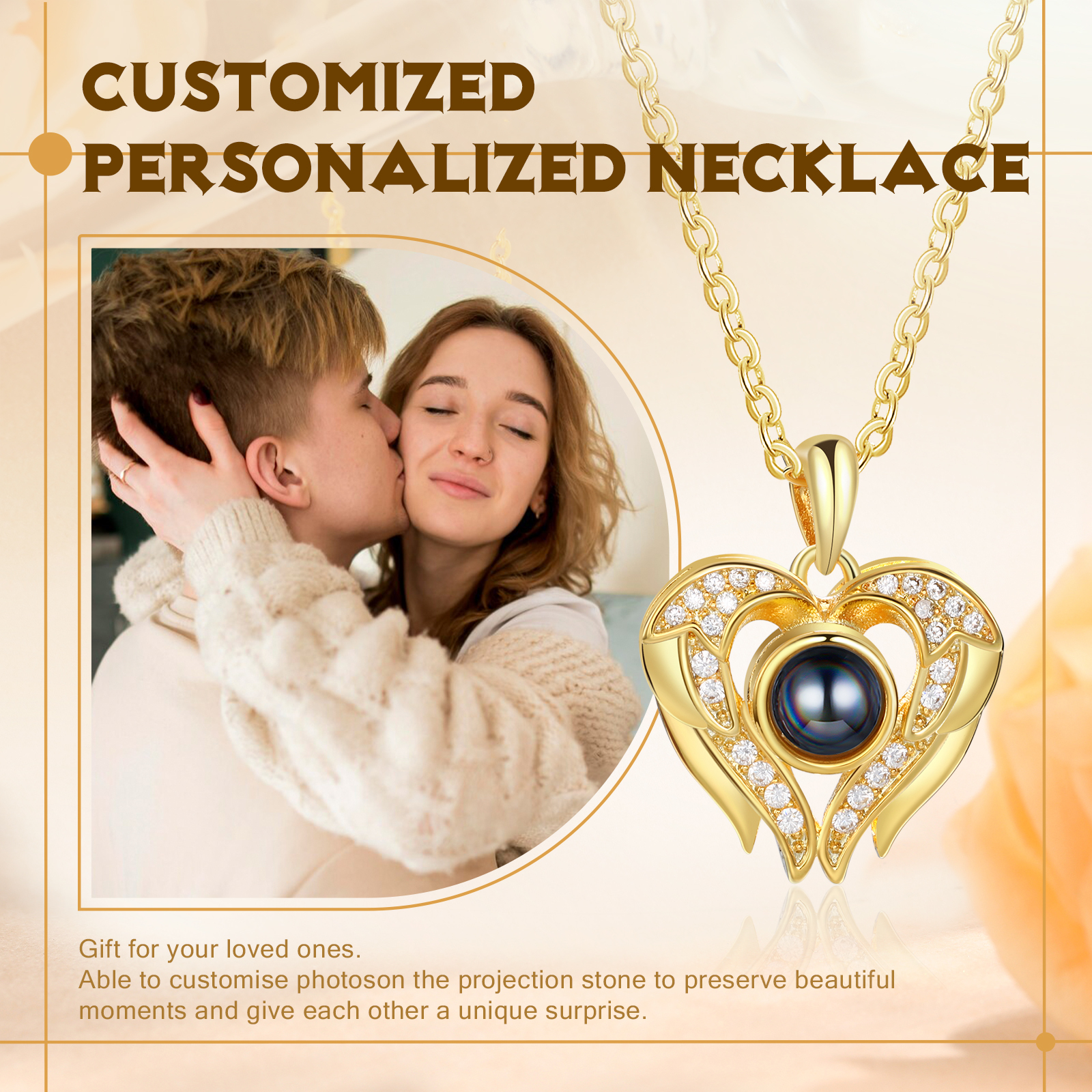 Collier Pendentif Cœur et Ailes de Projection Photo Personnalisée