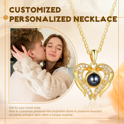 Collier Pendentif Cœur et Ailes de Projection Photo Personnalisée
