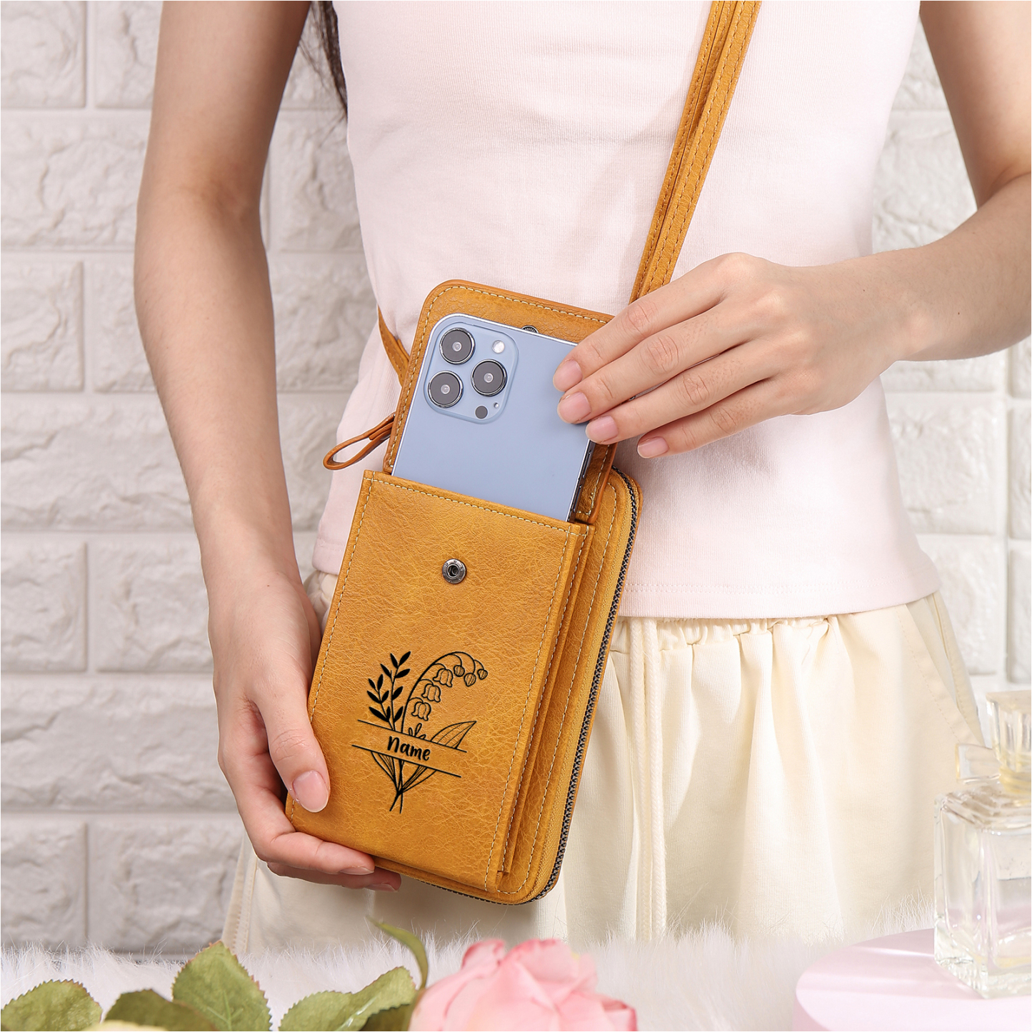 Portefeuille/Sac Bandoulière Femmes 1 Prénom et Fleur de Naissance Personnalisés
