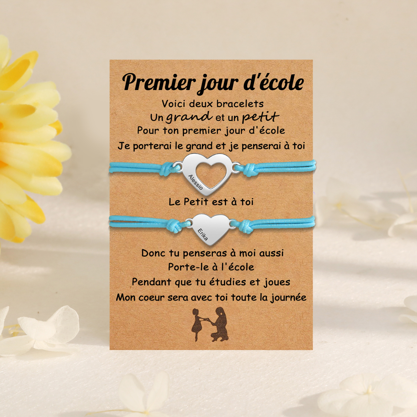 2PCS Bracelets Cœur 2 Prénoms Personnalisés Bracelet en Commun corde élastiques Cadeau Rentrée Scolaire Premier jour d’école|Jessemade