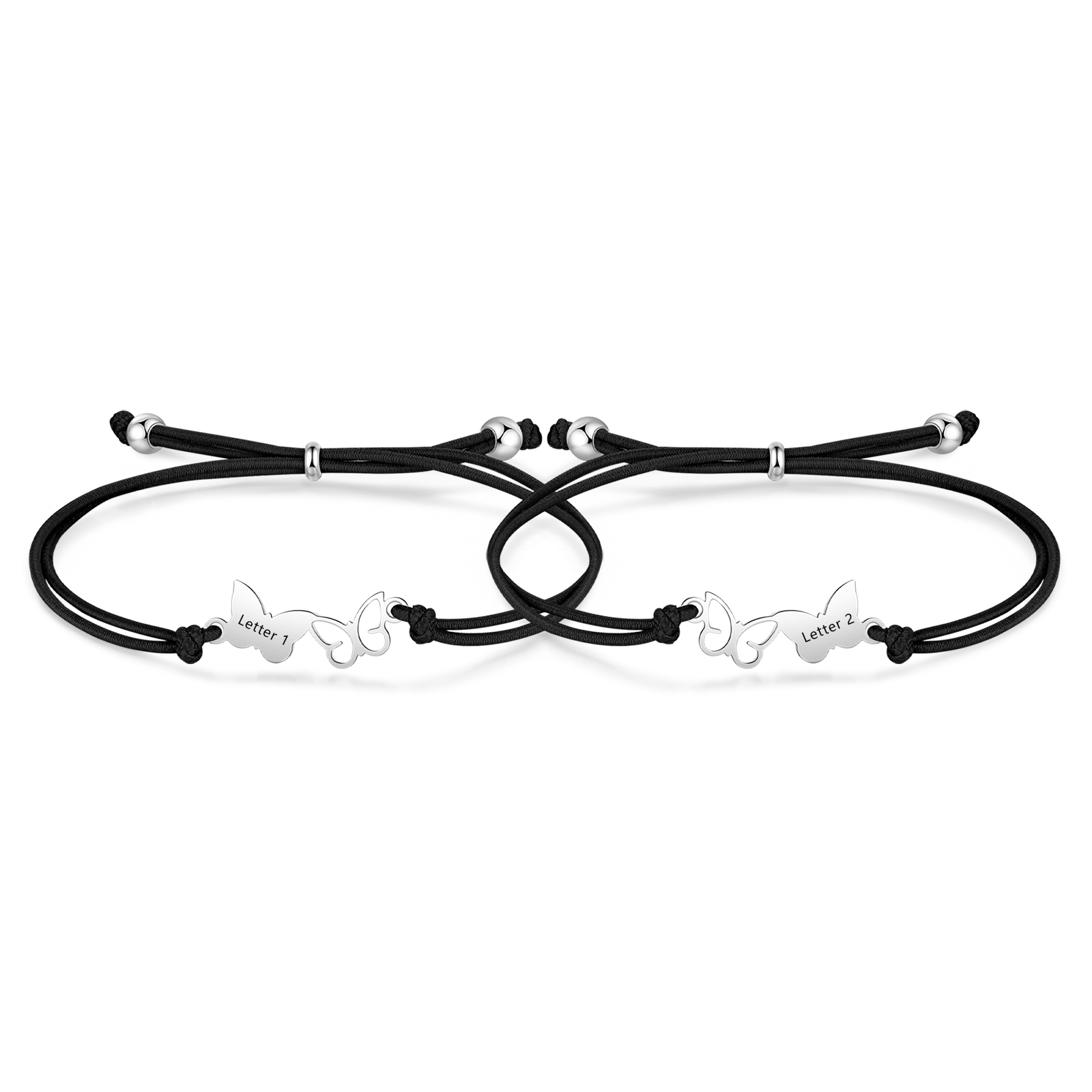 2PCS Ensemble de Bracelets Papillons 2 Lettres Personnalisées Corde élastiques - Cadeau Rentrée Scolaire