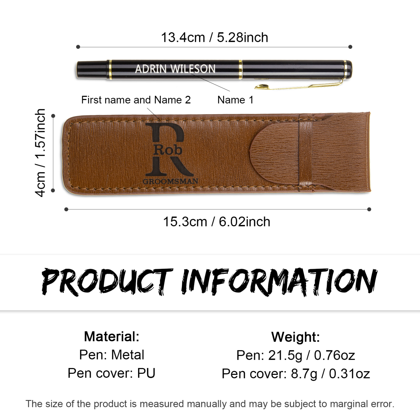 Porte-Stylo en Cuir PU Prénom Personnalisé avec un stylo