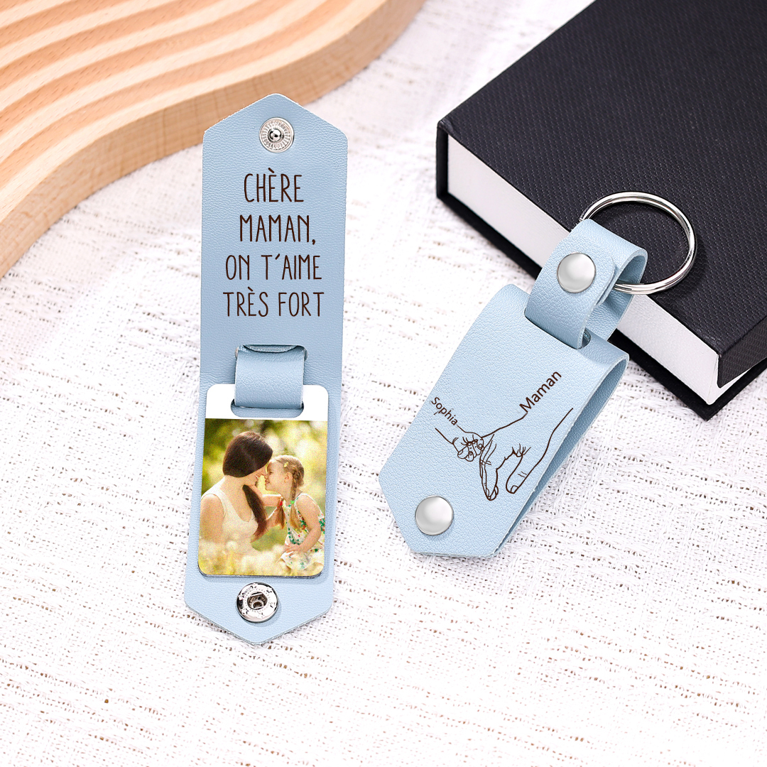 À ma Maman - Porte-Clés Cuir la Main dans la Main 1 Prénom Personnalisé avec Photo