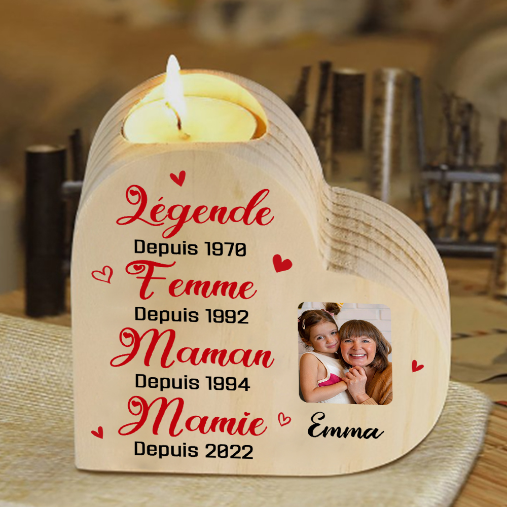 À Ma Mamie - Bougeoir en Bois 1 Prénom et 4 Années Personnalisés avec Photo sans bougie