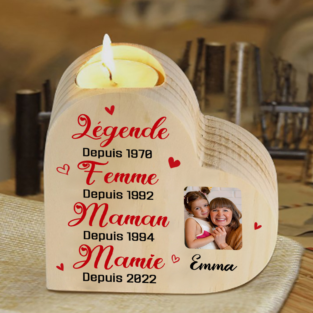 À Ma Mamie - Bougeoir en Bois 1 Prénom et 4 Années Personnalisés avec Photo sans bougie