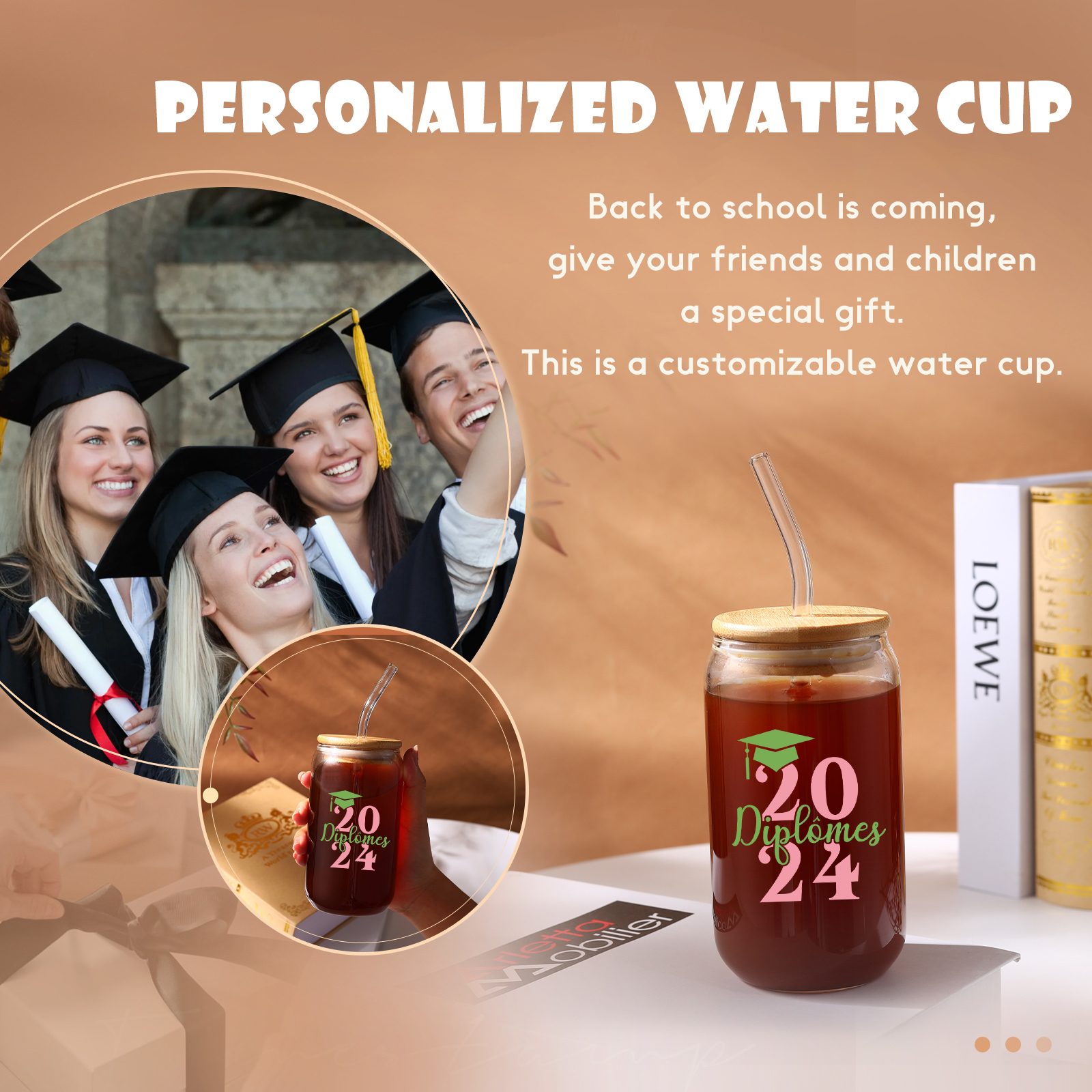 Tasse en Verre avec Paille Prénom et Années Personnalisés Cadeau de remise des Diplômes