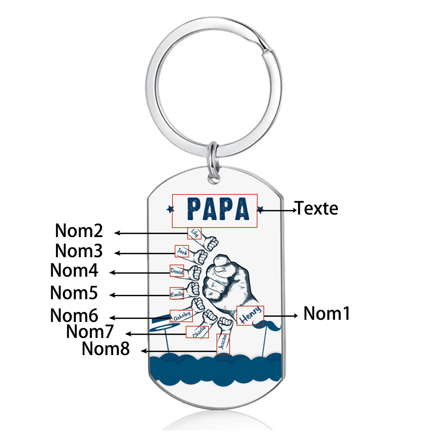 À Papa/Papi - Porte-Clés Poings 8 Prénoms Personnalisés