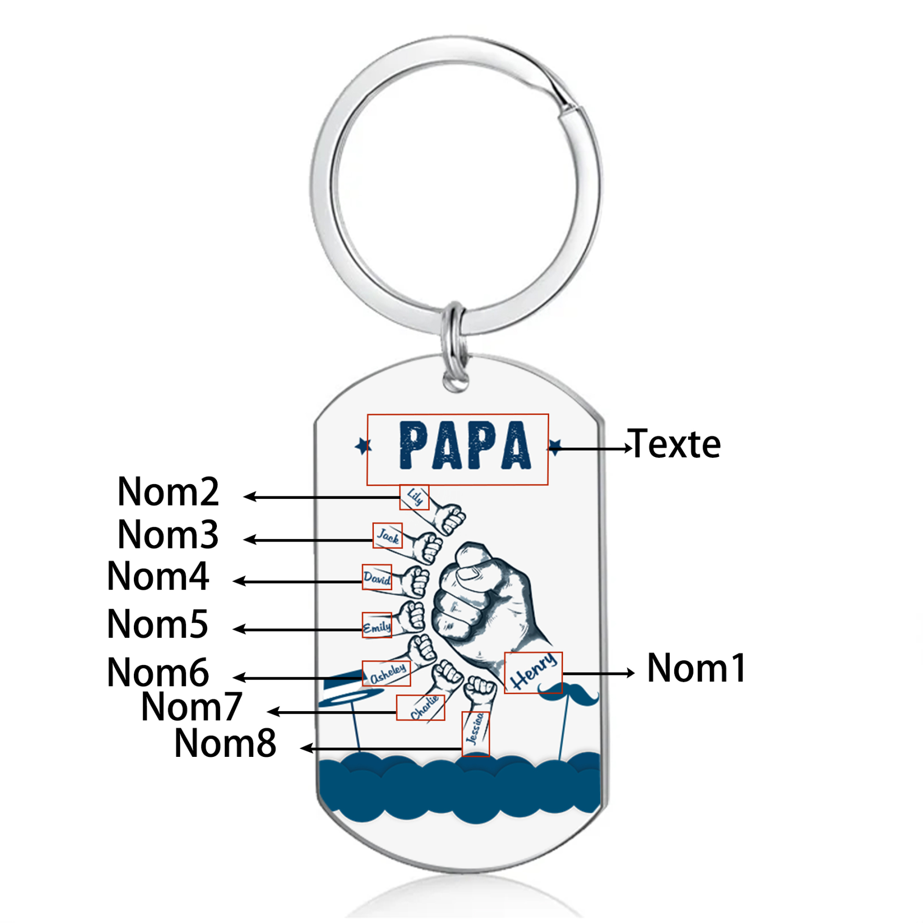 À Papa/Papi - Porte-Clés Poings 8 Prénoms Personnalisés