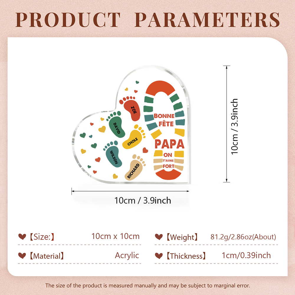 À mon Papa - Plaque Acrylique en Forme de Cœur Empreintes 5 Prénoms Personnalisés