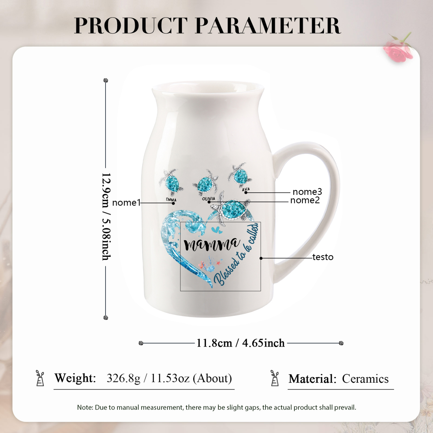 Vase à Fleurs Tortue de Mer 3 Prénoms Personnalisés avec 1 Texte Décoration de la Maison