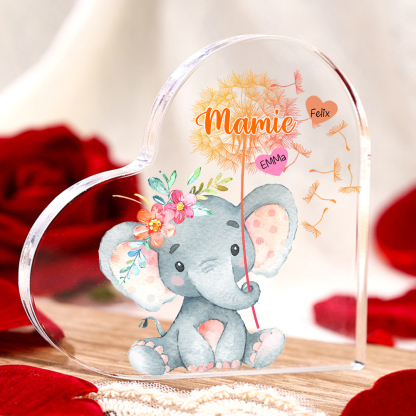 À ma Mamie - Plaque Acrylique Éléphant en Forme de Cœur 2 Prénoms Personnalisés