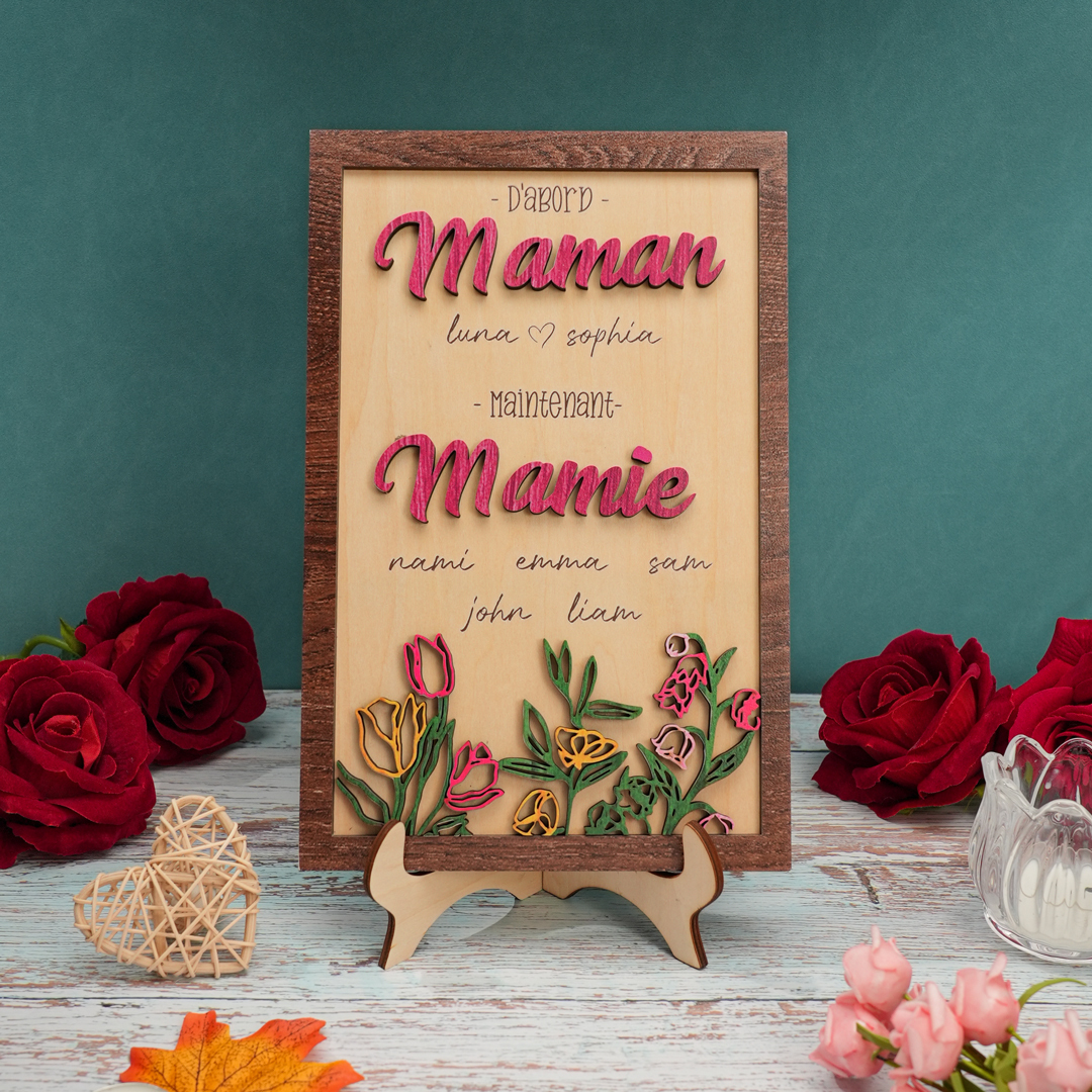À ma Maman/Mamie - Décoration en bois Fleurs 2 Textes Personnalisés Ornement pour Famille