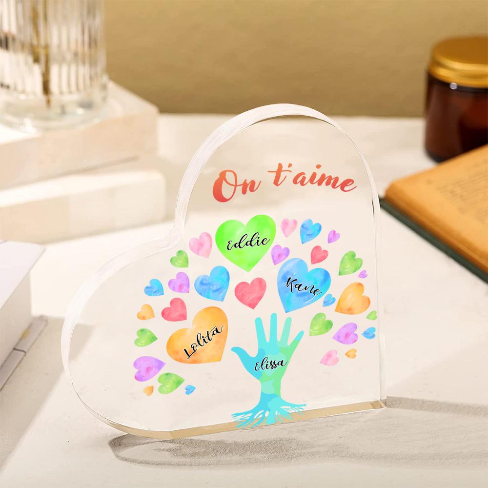 Plaque Acrylique en Forme de Cœur 4 Prénoms Personnalisés avec Texte pour Famille