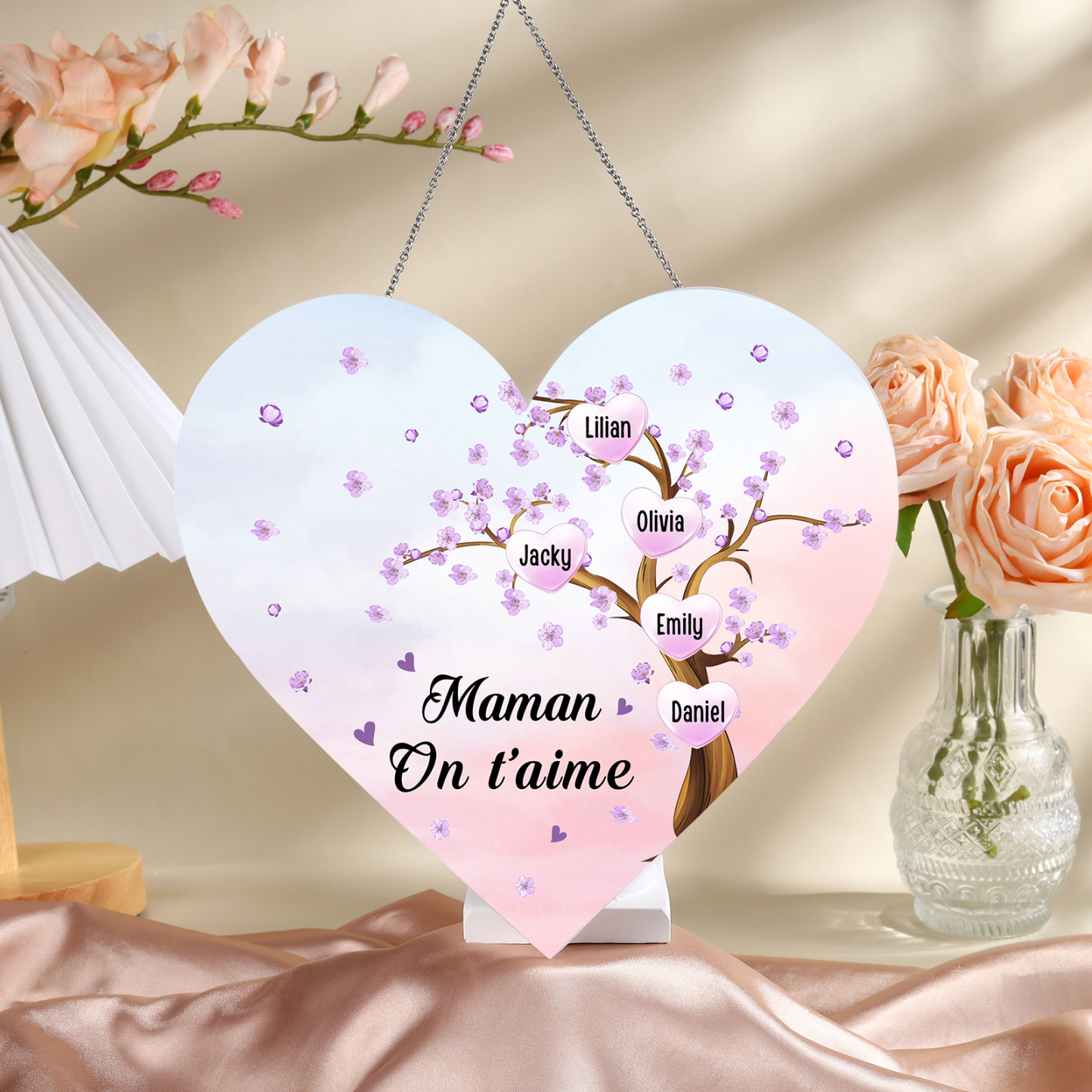 À Maman/Mamie - Veilleuse Cœur Décoration Arbre 5 Prénoms Personnalisés avec 1 Texte