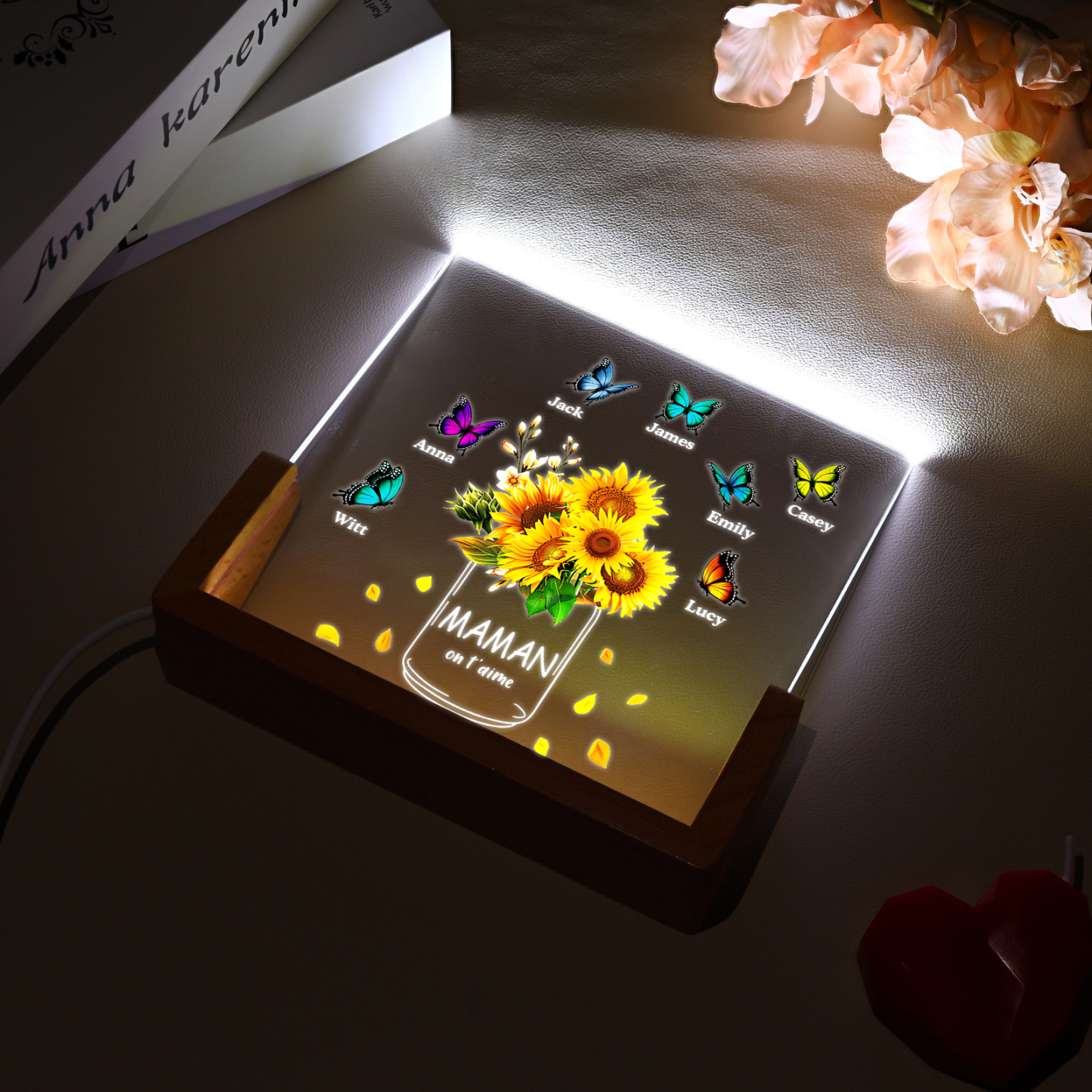 À Maman/Mamie - Lampe de chevet LED Tournesol 7 Prénoms Personnalisés avec 2 Textes pour Famille