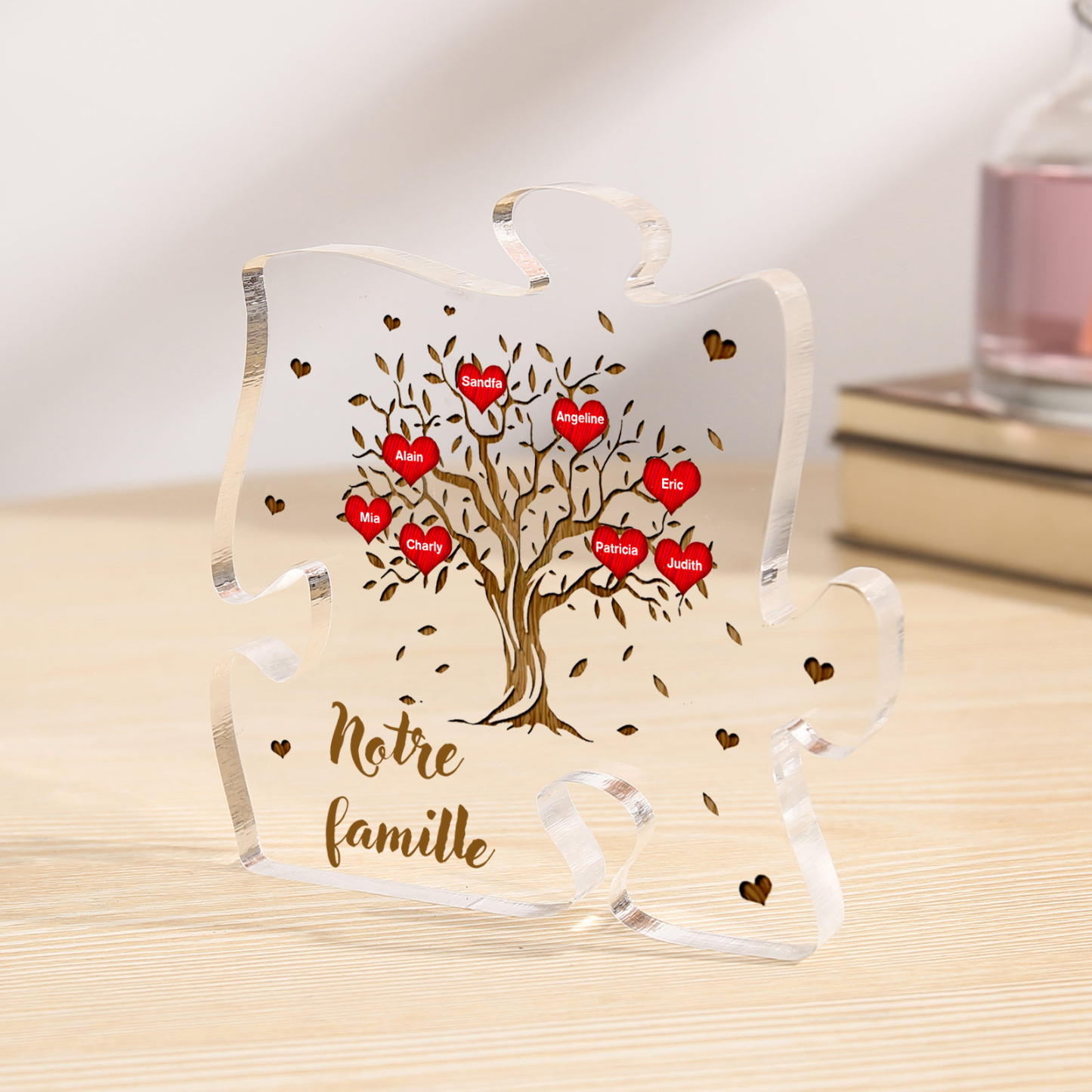 Plaque Acrylique en forme de Puzzle Arbre de Vie 8 Prénoms et Texte Personnalisés