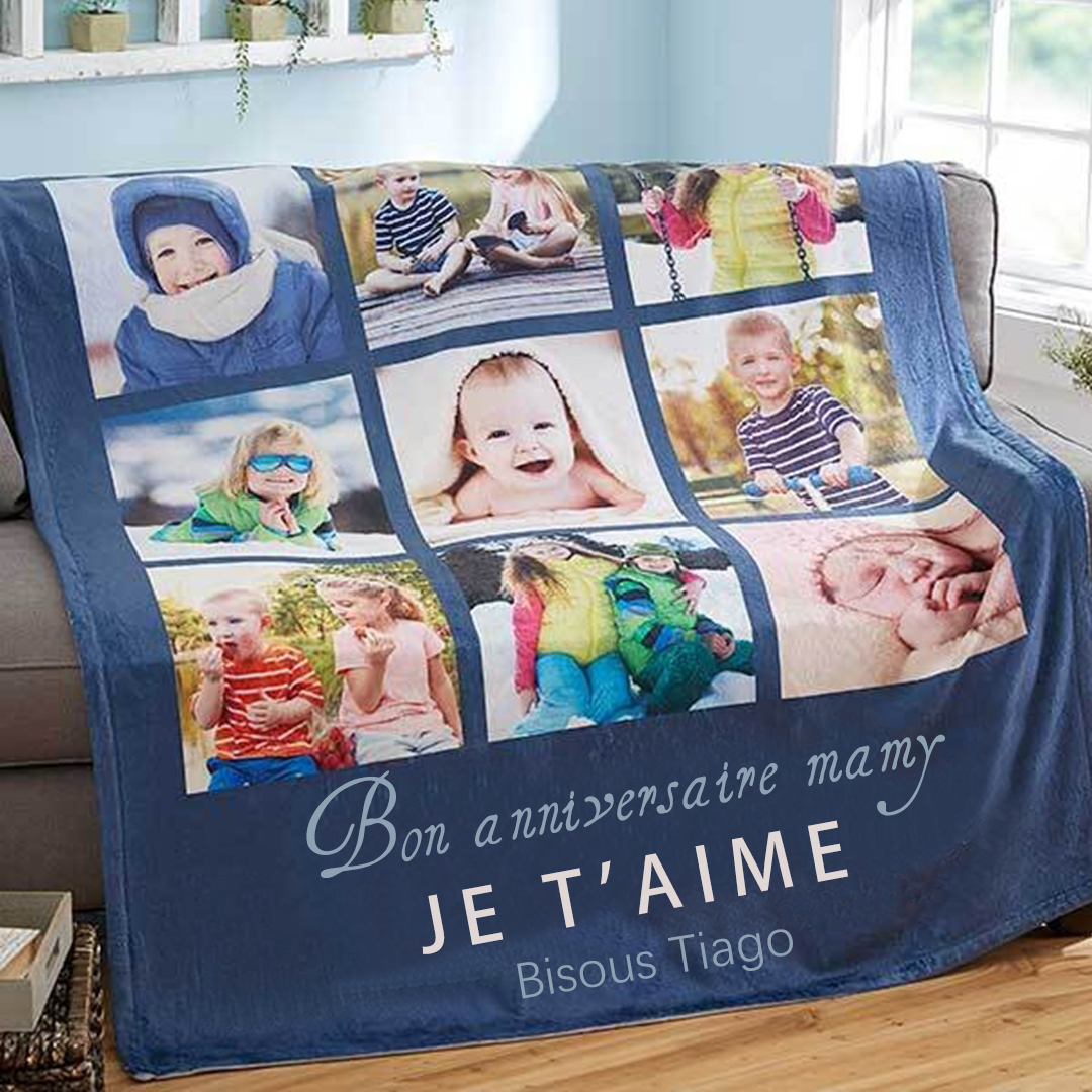 Plaid Personnalisé Avec Vos Photos Et Texte - Tailles De 80x120 Cm à 180x200 Cm - En Flanelle Douce, Lavable - Cadeau Souvenir Personnalisé