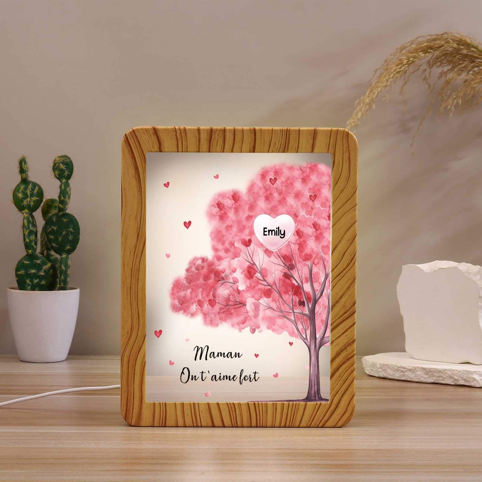 Cadre Photo/Miroir LED Multifonctionnel Arbre 1 Prénom Personnalisé avec Texte pour Famille