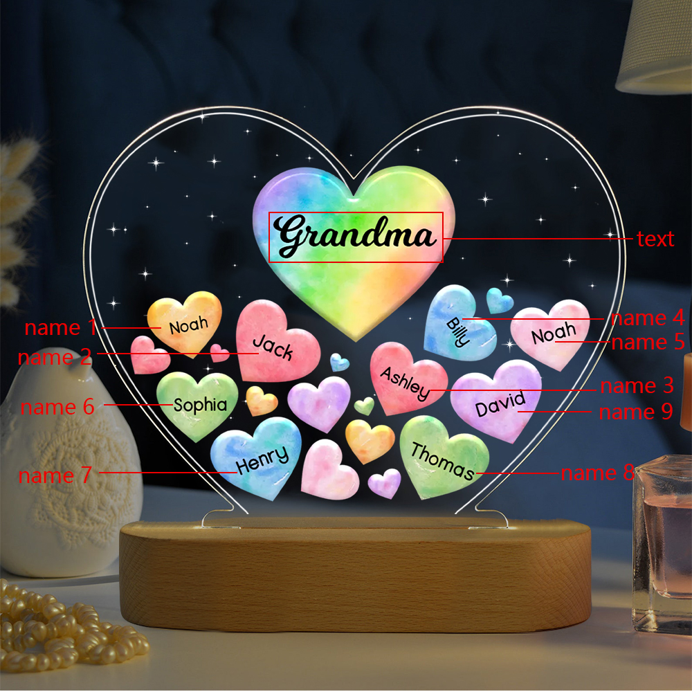 À Maman/Mamie - Lampe de chevet LED Cœurs 9 Prénoms Personnalisés avec 1 Texte