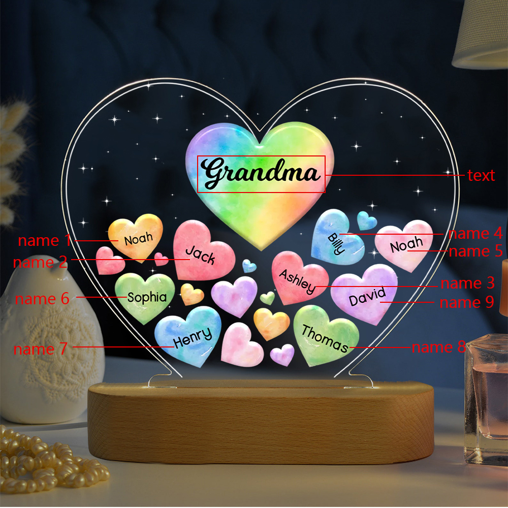 À Maman/Mamie - Lampe de chevet LED Cœurs 9 Prénoms Personnalisés avec 1 Texte