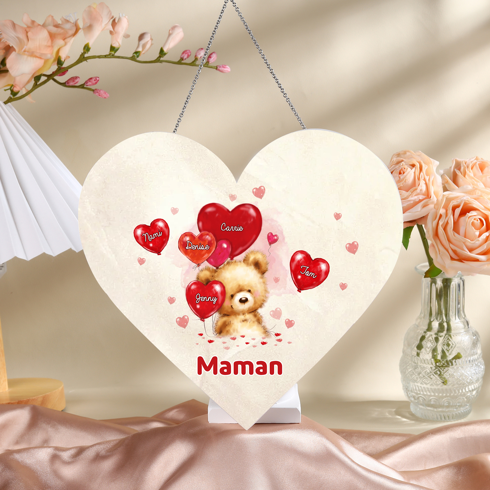 À Maman/Mamie - Veilleuse Cœur Décoration Ours 5 Prénoms Personnalisés avec 1 Texte