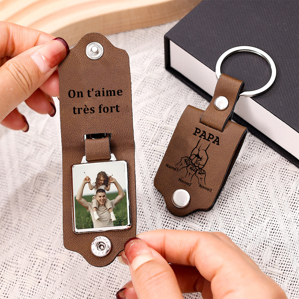 À mon Papa - Porte-Clés Cuir Poings 3 Prénoms Personnalisés avec Photo et Texte
