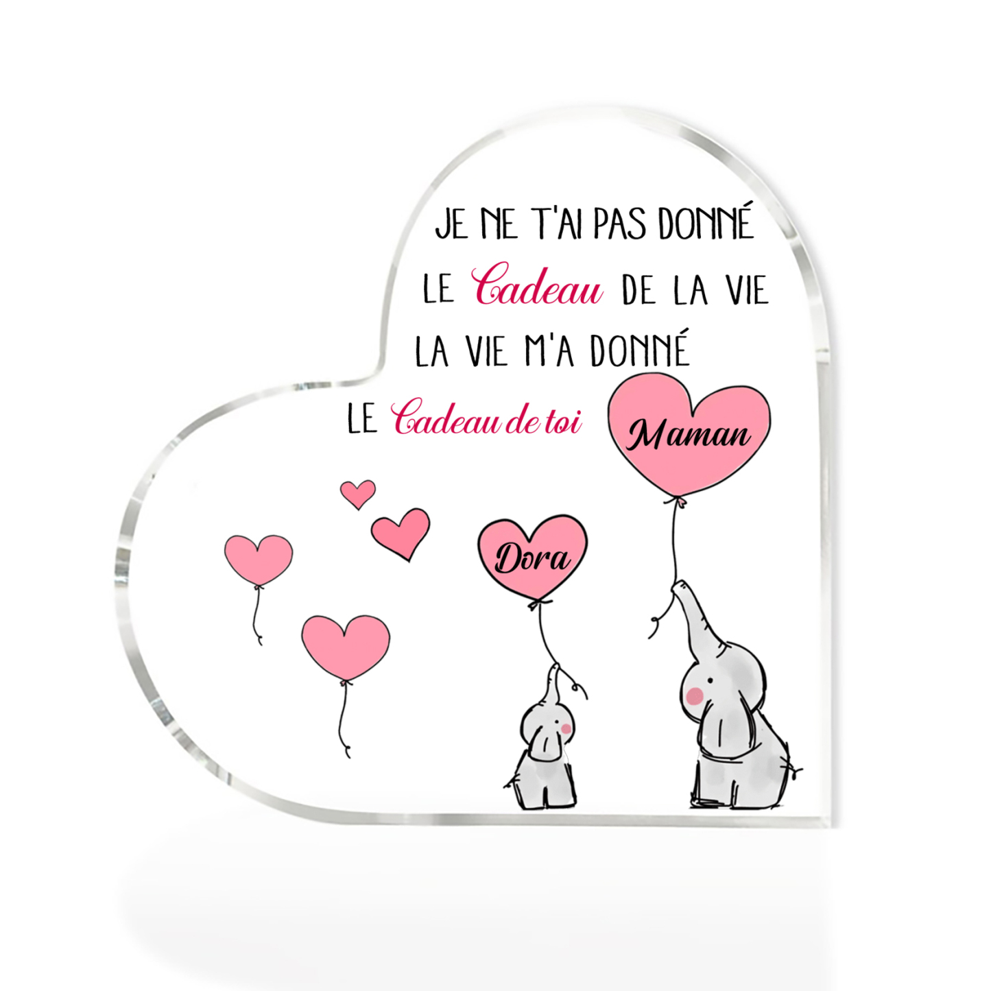 À ma Maman - Plaque Acrylique en Forme de Cœur éléphant 2 Prénoms Personnalisés