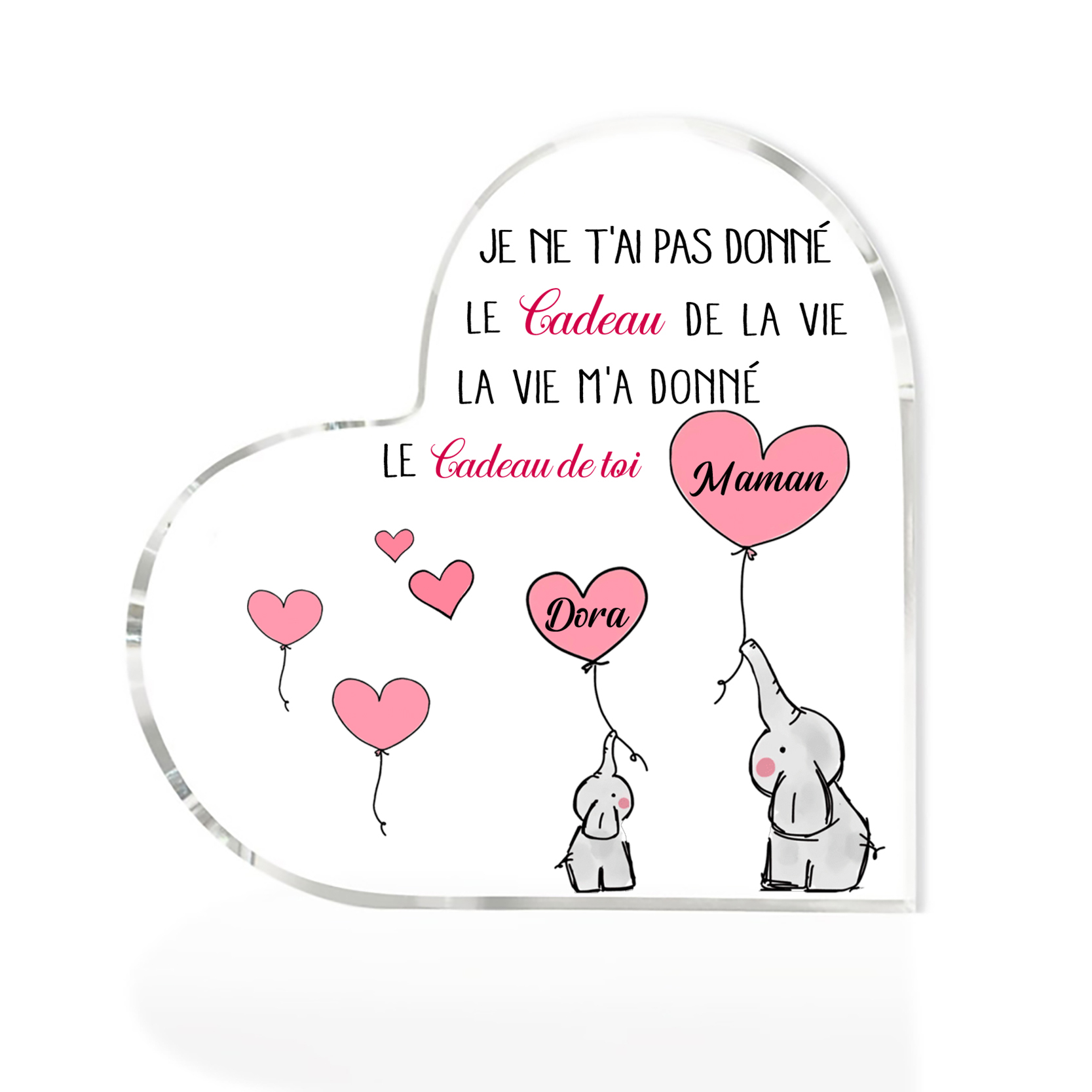 À ma Maman - Plaque Acrylique en Forme de Cœur éléphant 2 Prénoms Personnalisés