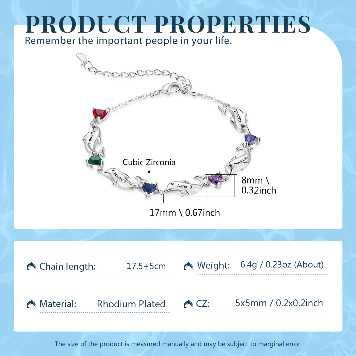 Bracelet dauphin 5 Prénoms Personnalisé avec 5 Pierres de Naissance