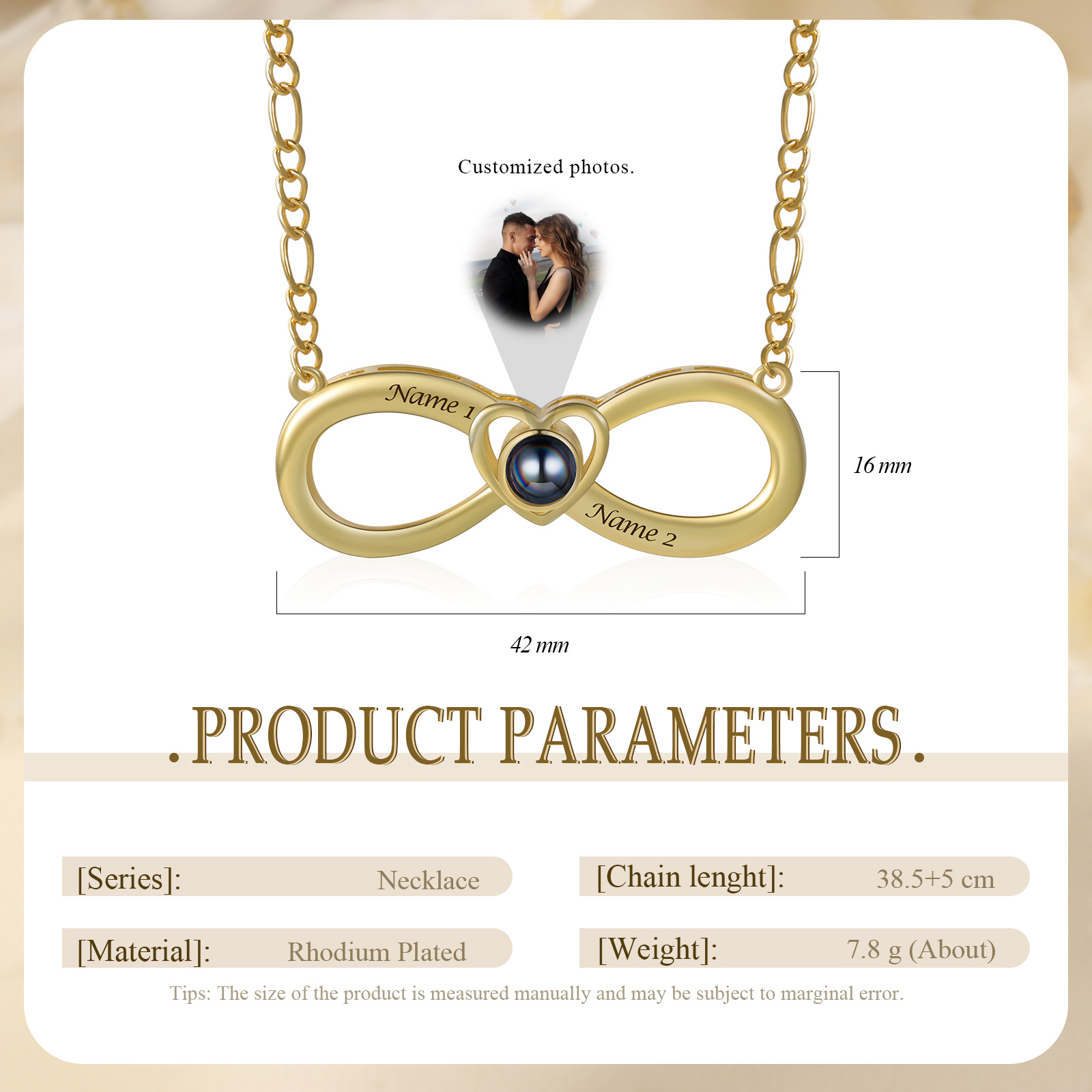 Collier Infini Projection de Pierres 2 Prénoms et 1 Photo Personnalisés pour Couple