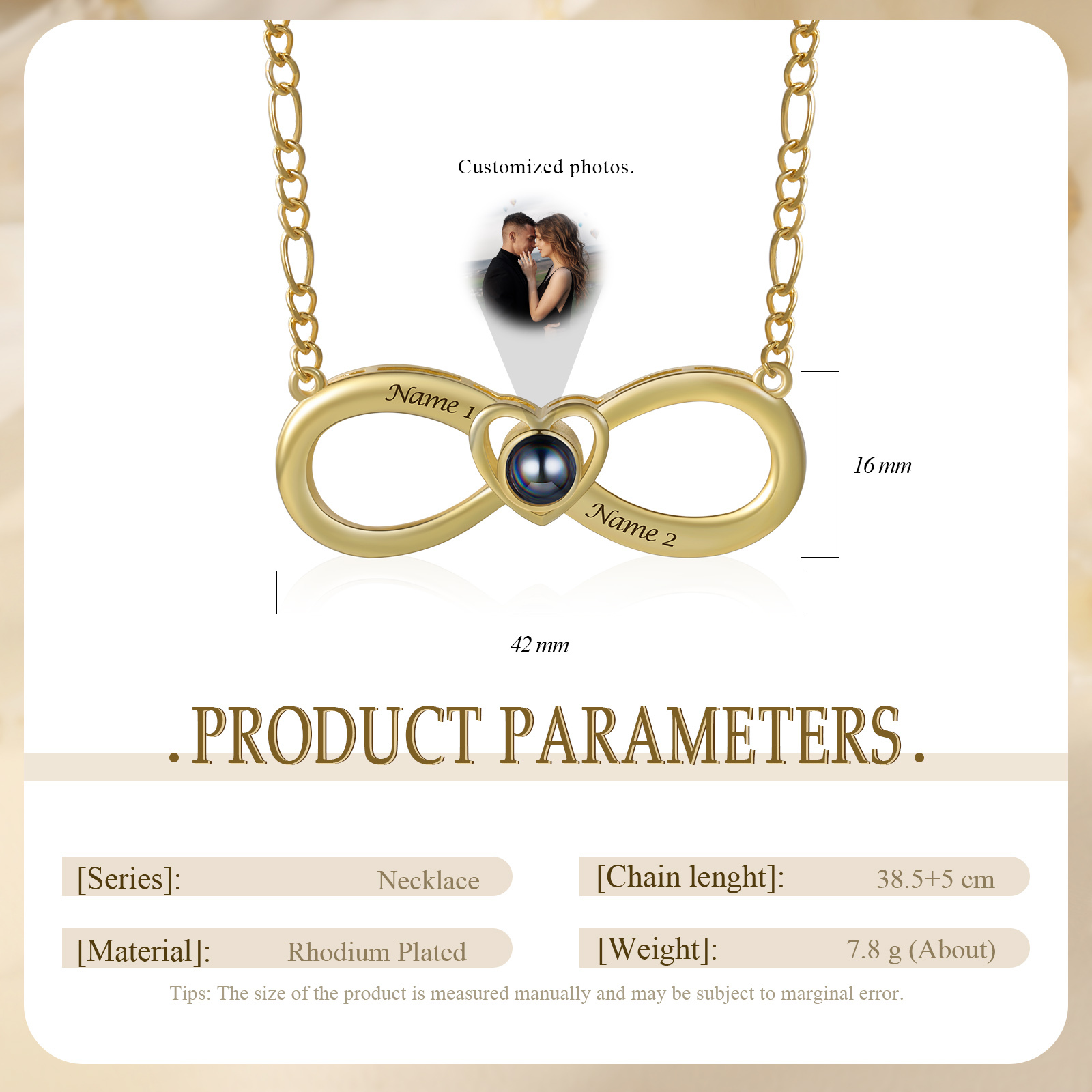 Collier Infini Projection de Pierres 2 Prénoms et 1 Photo Personnalisés pour Couple