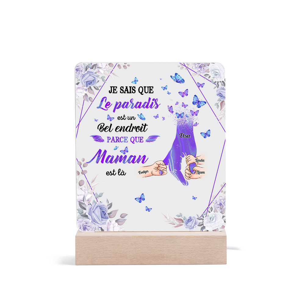 À Maman/Papa - Lampe de chevet LED Commémorative 4 Prénoms Personnalisés avec 1 Texte Lampe de chevet la main dans la main