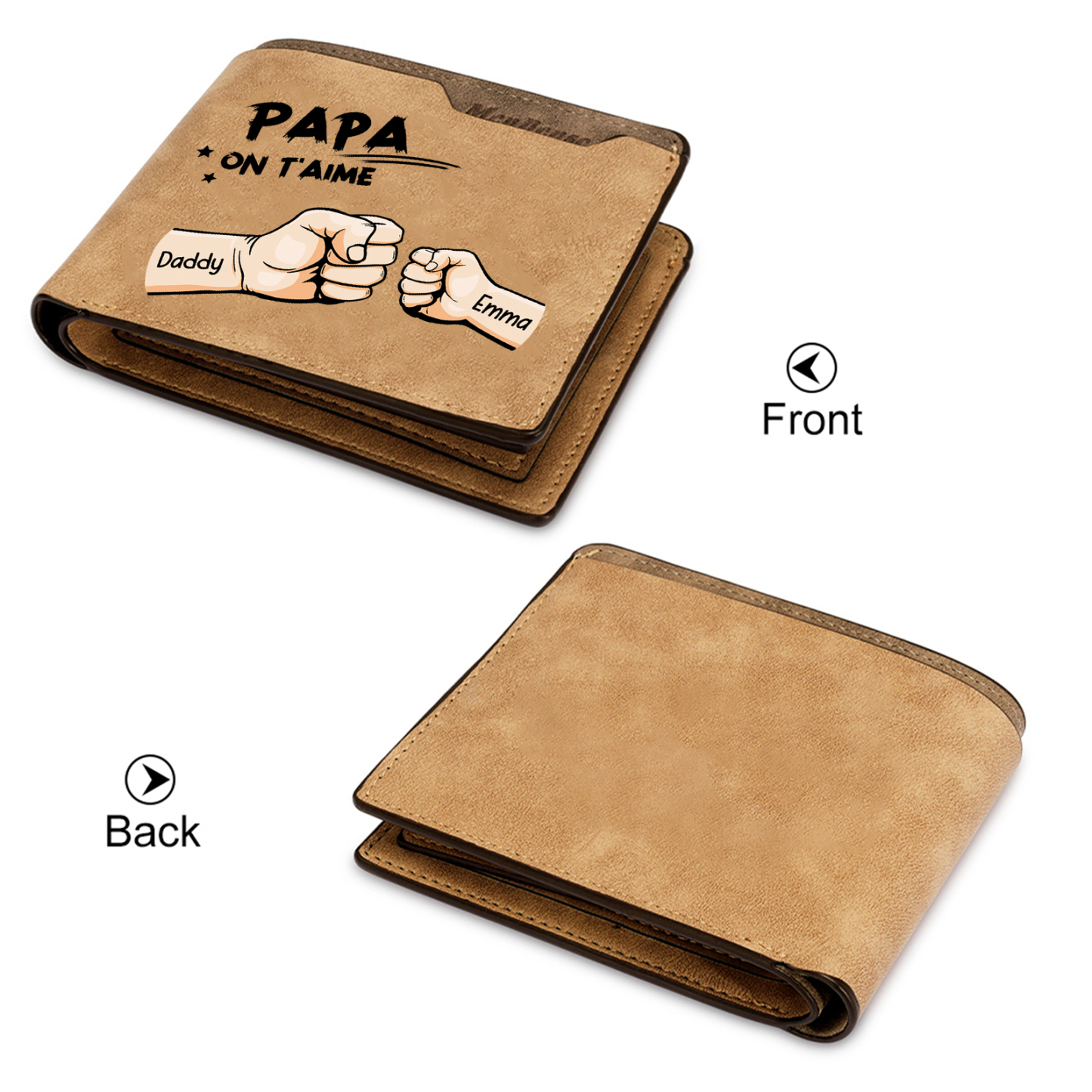 À mon Papa-Portefeuille Poings 2 Prénoms Personnalisés Classique Homme