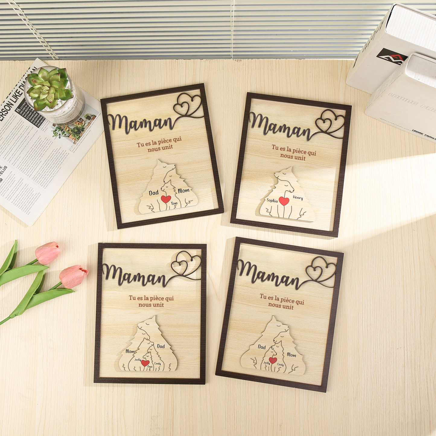 À ma Maman - Décoration en bois Renard 2 Prénoms Personnalisés Ornement pour Famille