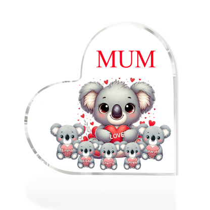 À ma Maman/Mamie - Plaque Acrylique en Forme de Cœur Koala 5 Prénoms Personnalisés avec 1 Texte