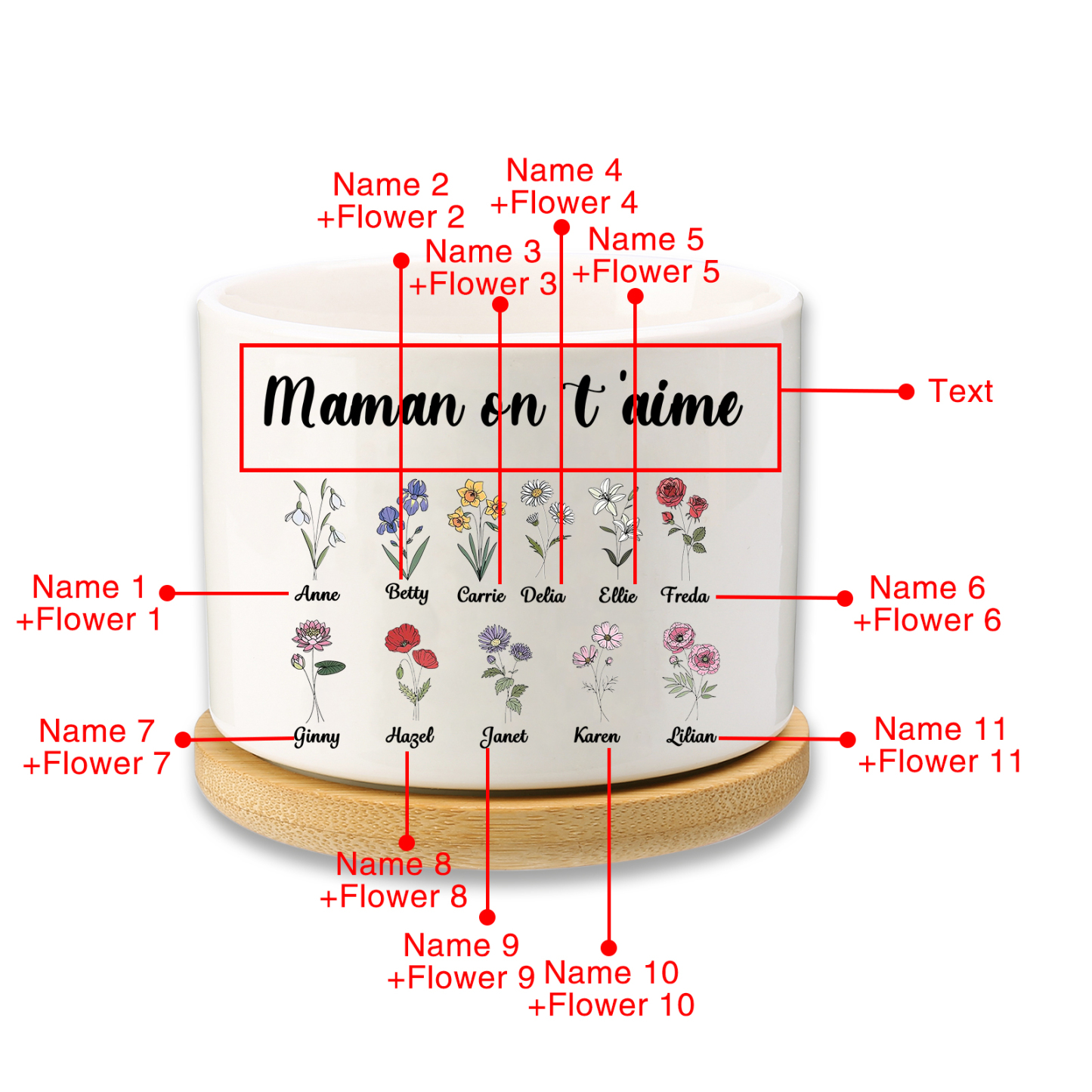 Vase/Pot de Fleurs 11 Prénoms et 1 Texte Personnalisés avec Fleurs de Naissance Décoration de la Maison (sans plantes)
